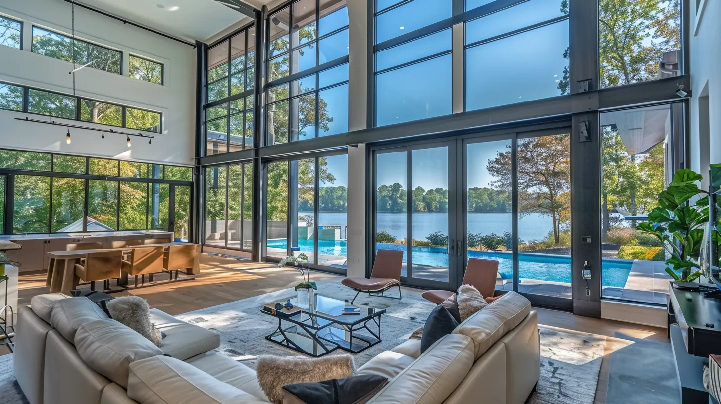 a modern, spacious mansion with floor-to-ceiling windows, a pristine pool, and lake norman view, embodying luxury craftsmanship in home building.