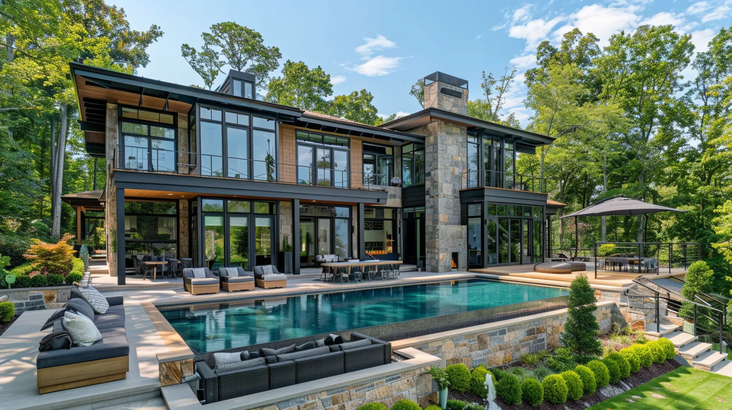 a modern, spacious mansion with floor-to-ceiling windows, a pristine pool, and lake norman view, embodying luxury craftsmanship in home building.