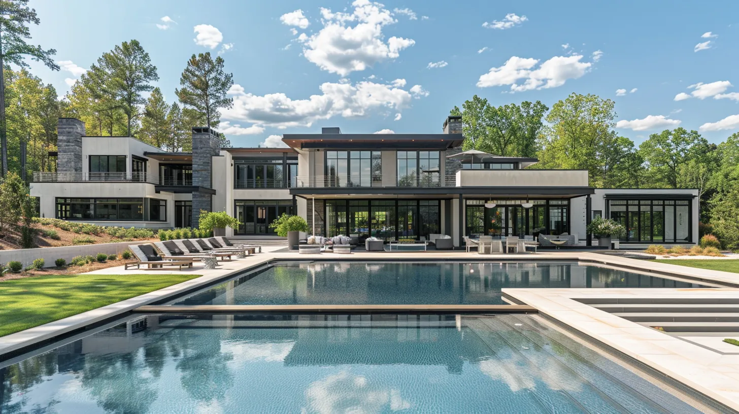 a modern, spacious mansion with floor-to-ceiling windows, a pristine pool, and lake norman view, embodying luxury craftsmanship in home building.
